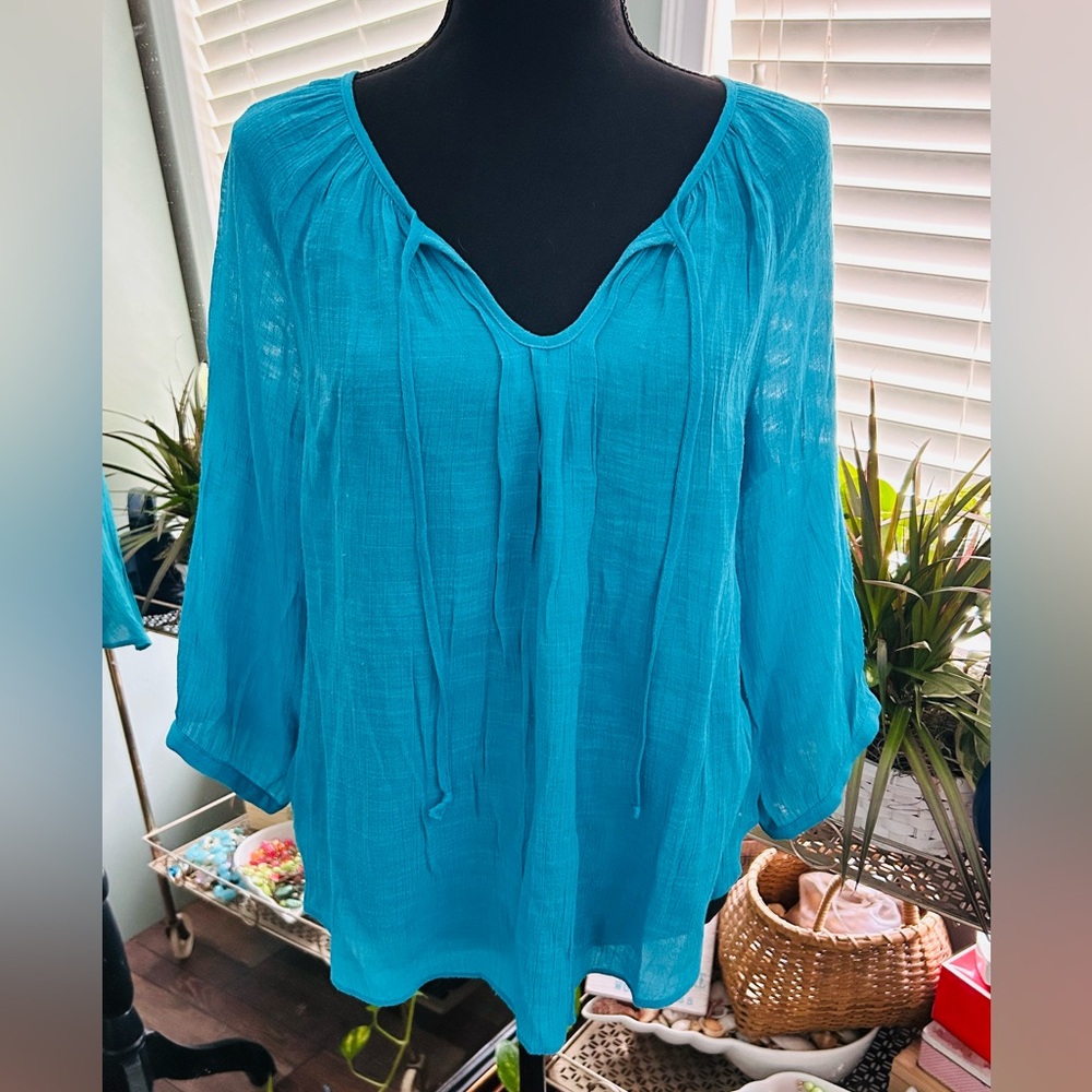 Iz Byer Turquoise Blouse with Crochet Accent